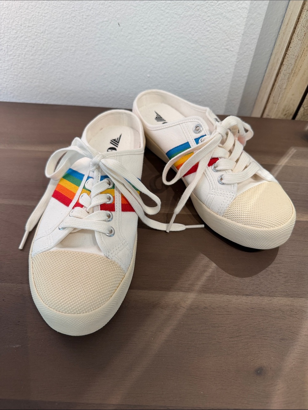 Gola Women’s White Canvas Sneakers with Rainbow Side Stripes